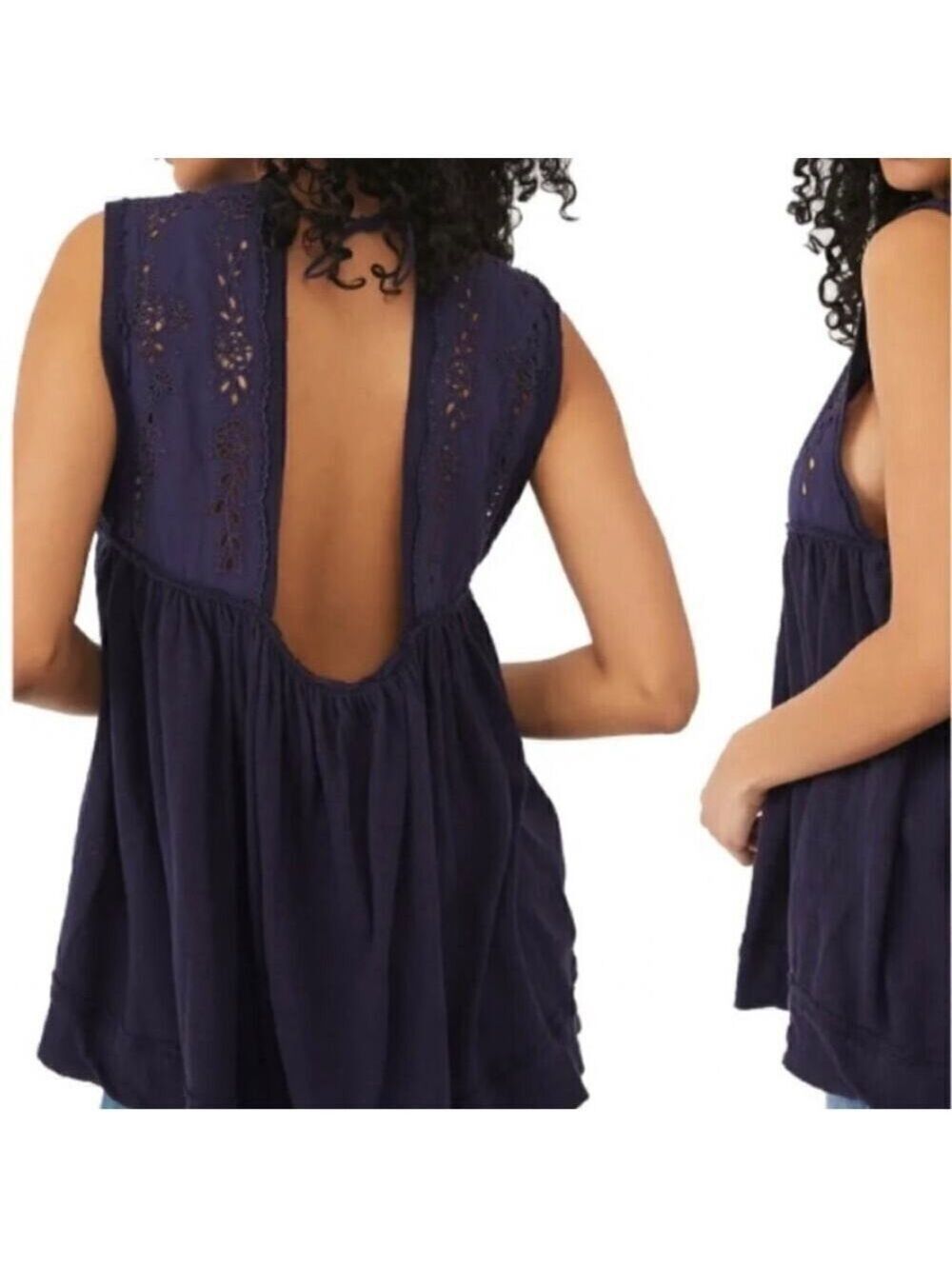 Free People NWT Womens S Bella Babydoll Top Blue Open Back Peasant High Neck